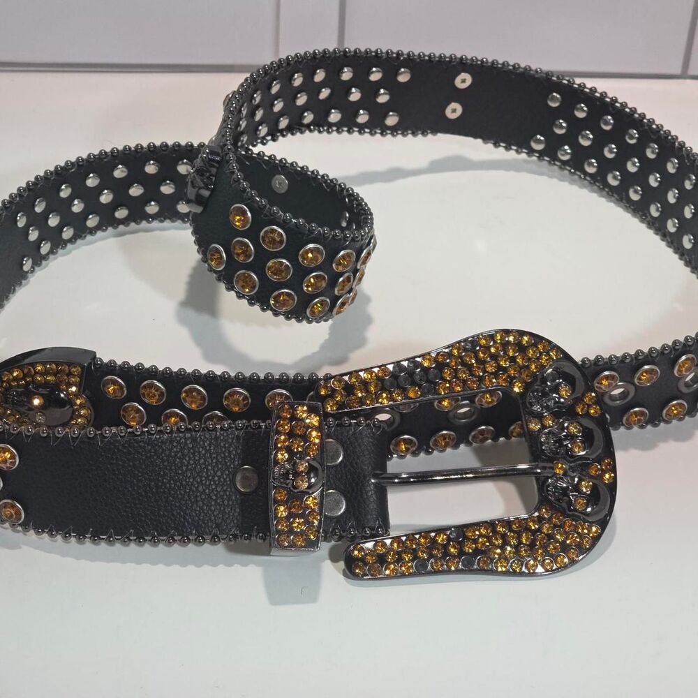 Halloween style leather belt with gold rhinestones and silver studs Women's